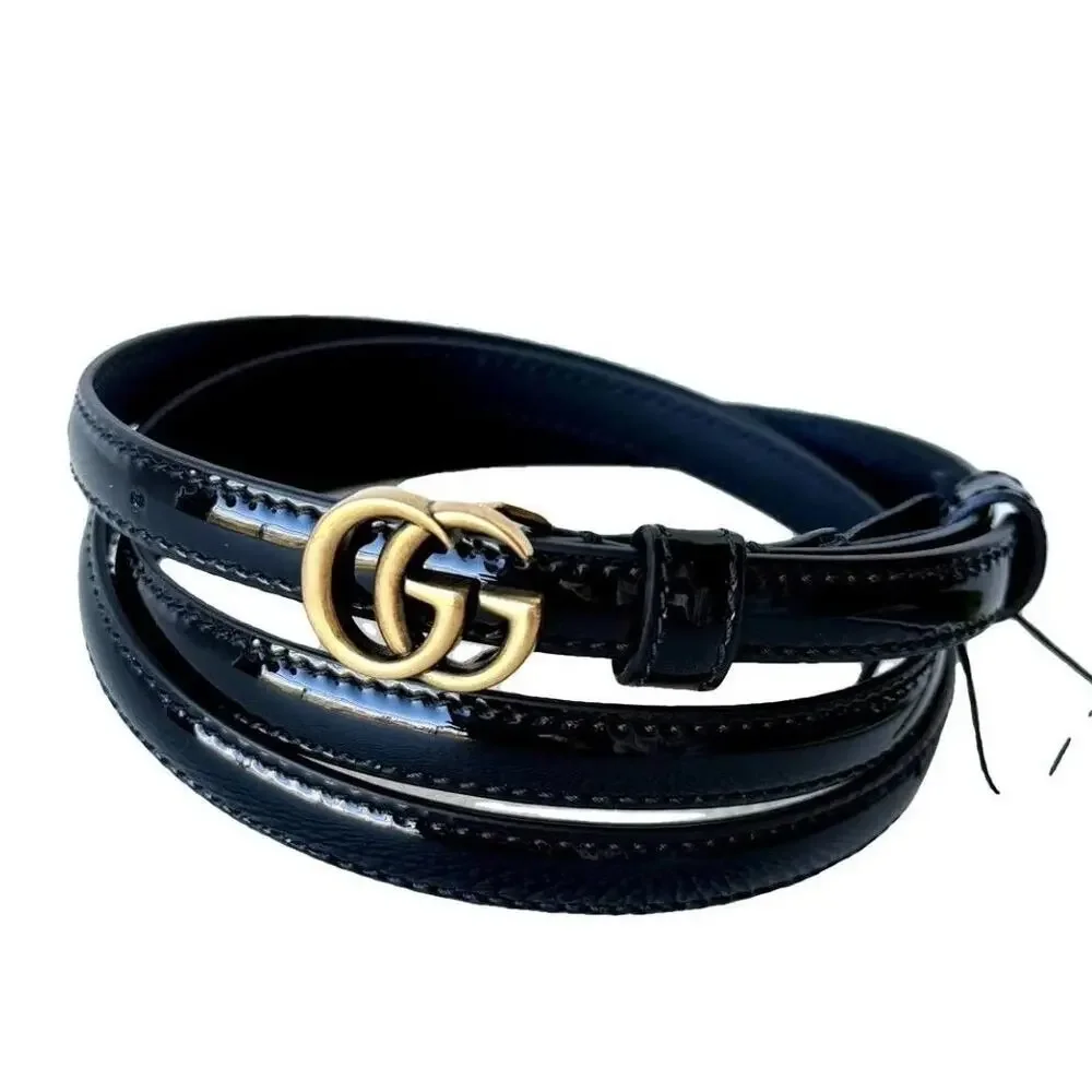 NEW Gucci GG Marmont Thin Belt 707327 Black Patent Leather Size  95cm/30in